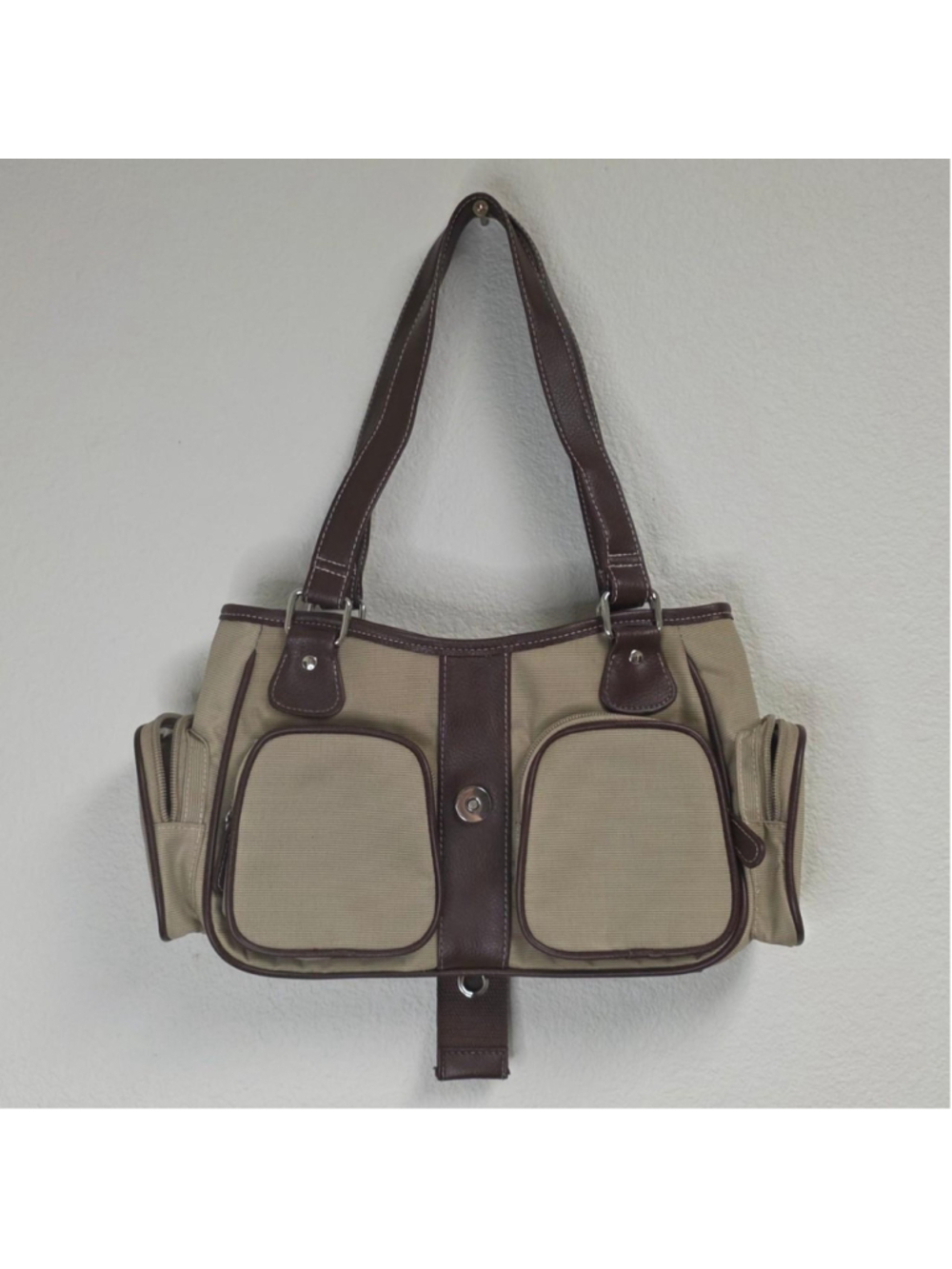 Y2K brown and beige canvas tote bag with leather accents #y2k #tote
